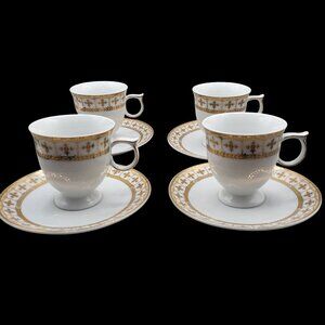 Fine Porcelain Cups and Saucers Gold White Band Shooting Star Set of 4